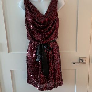 Cache red sequin mini dress, cowl neck, elastic waist W/ black tie belt size 4
